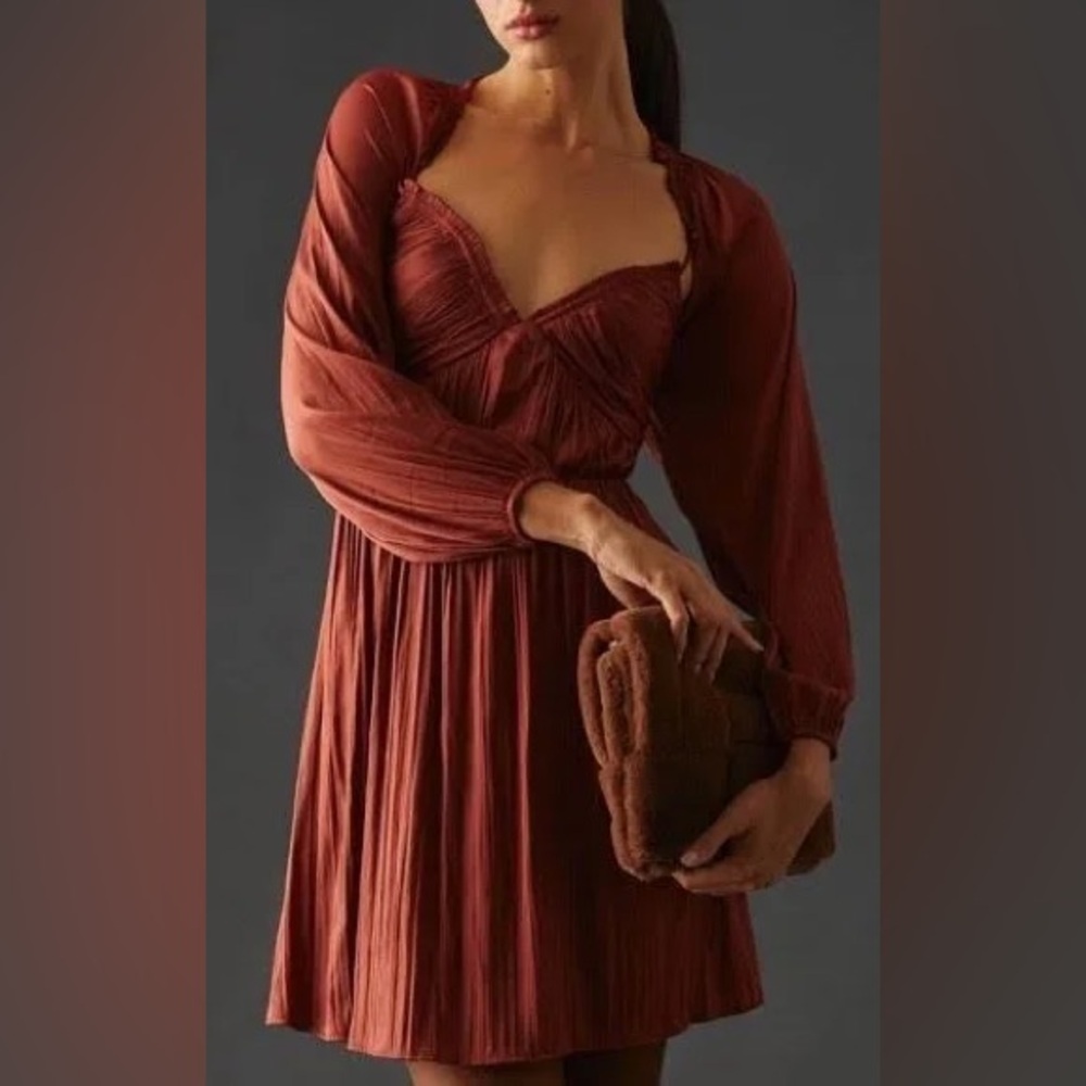Anthropology Shirred Cutout Long Sleeve Mini Dress Silky Satin Rust